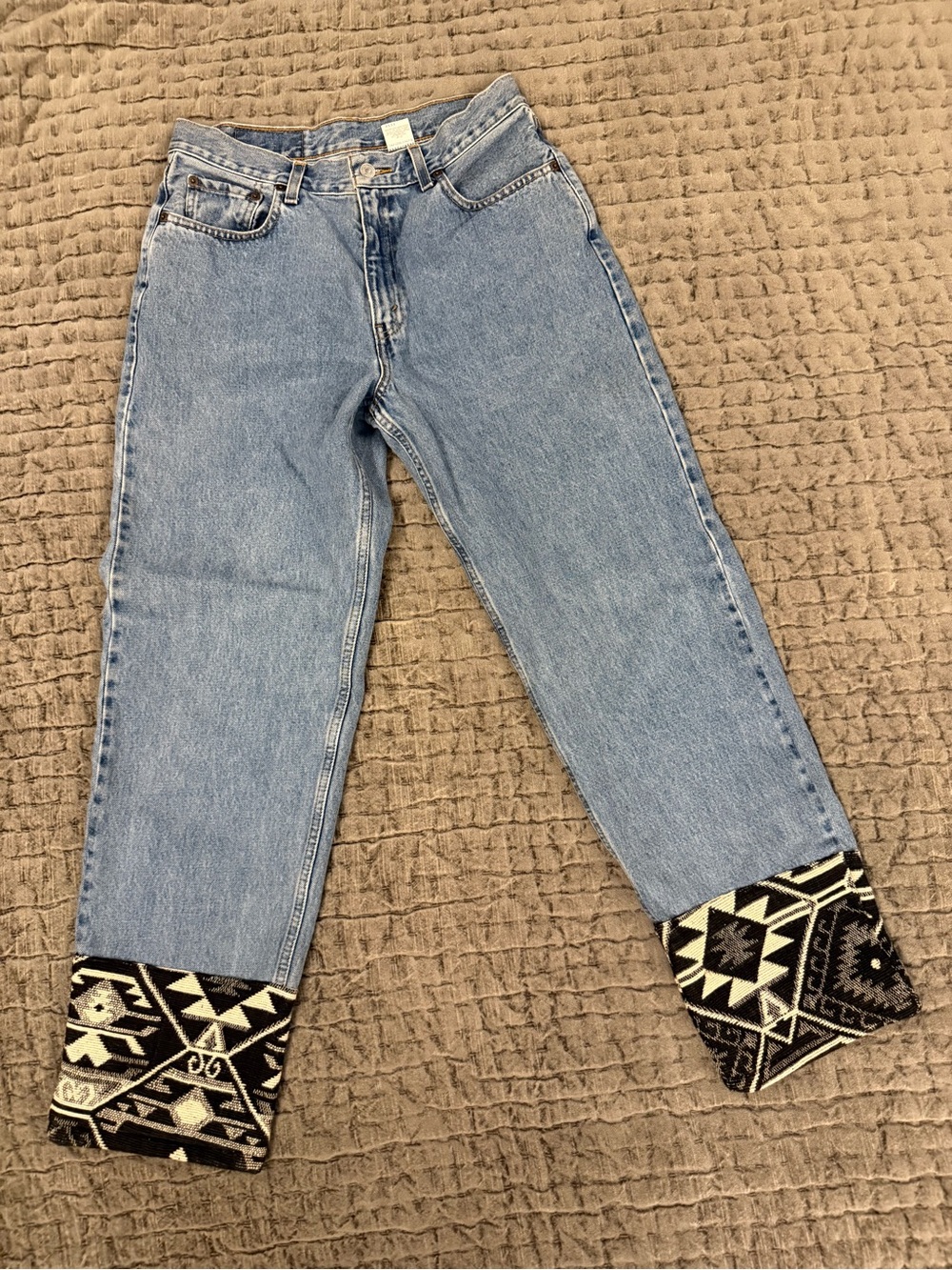 Levi's Light Blue Straight Leg Jeans with Black & Cream Aztec Cuffs